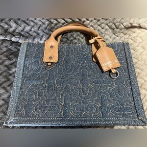True Religion Denim Tote with Tan Leather Trim